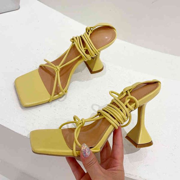 

slippers 2021 summer ankle strap sandals women high heels party lace-up strange style shoes plus size 35-42 qhrh, Black