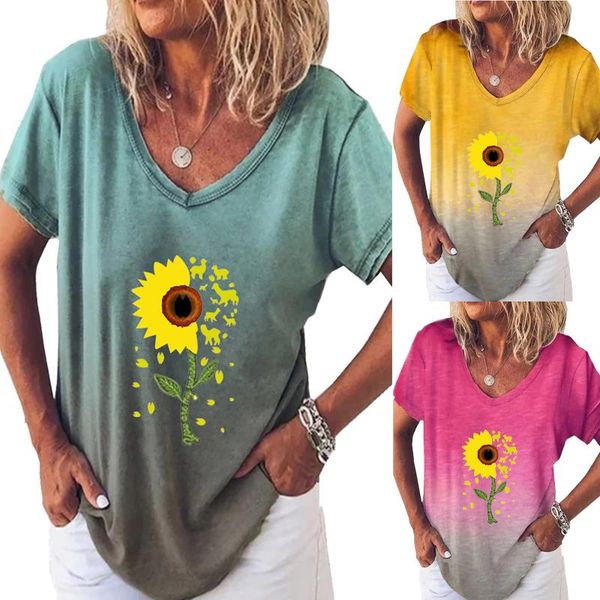 

women's t-shirt gradient sunflower print t-shirts fashion casual oversized loose v-neck short sleeve tshirt ropa mujer, White