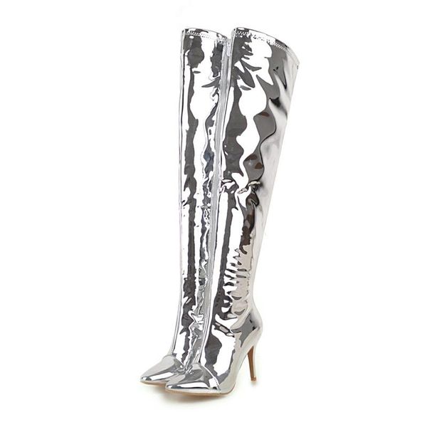 

boots 2021 silver european and american fashion pointed patent leather knee high super heels show thin, Black