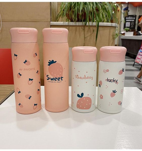 

water bottles 2021 creative cute strawberry thermo mug 304 stainless steel vacuum bottle girl portable leak-proof coffee cup