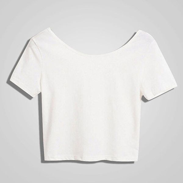 

new fashion women scoop neck crop short sleeve bare midriff trendy casual blouse t-shirt loose cotton t shirt women short sleeve tee, White