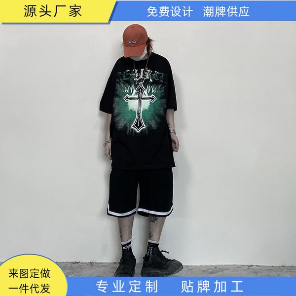 

dark black religious minority design cross print short sleeve t-shirt men's loose personality fashion brand to, White