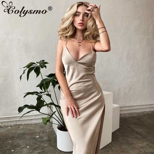 

colysmo summer satin dress spaghetti strap backless split v neck solid color high waist maxi women street robe 210527, Black;gray