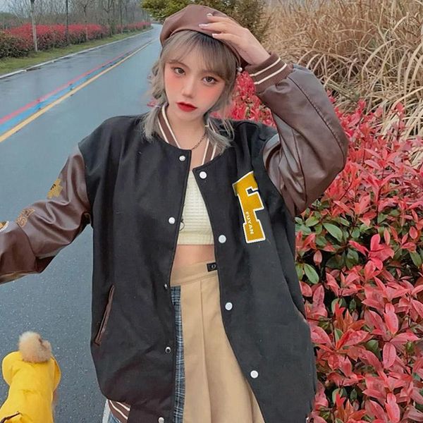 

women's jackets women letter embroidered baseball girls oversize patchwork jacket 2021 korean style harajuku loose uniform, Black;brown
