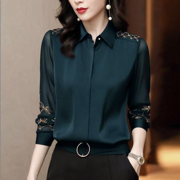 

women's blouses & shirts spring autumn chiffon women lady embroidery long sleeve turn-down collar lace decor blusas, White