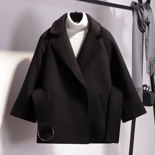 

women's trench coats autumn 2021 ladies wool coat with fashion belt short casual lapel jacket feminine female version solid color blend, Tan;black