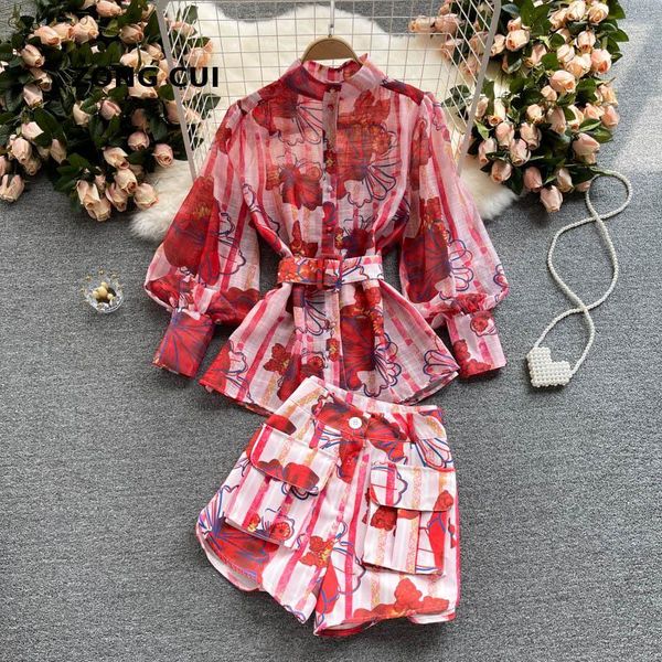 

women's tracksuits summer two piece set suits 2021 printed long sleeve loose blouse and high waist shorts sets female outfits, Gray