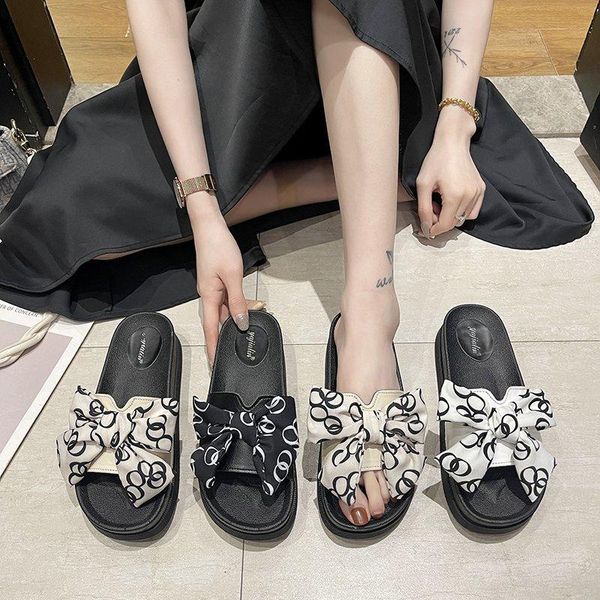 

summer women slippers outdoor pu upper patched butterfly knot graffiti print fashion girls casual platform sandals mujer, Black
