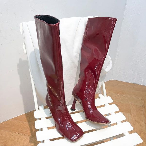 

boots phoentin 2021 fashion trend square toe knee high women wine red long heel slip-on runway shoes ft1430, Black