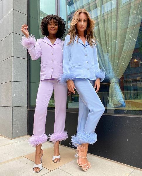 

women's two piece pants chic feather detail lounge suits long sleeve button up and slim set wpmen casual wool pajamas, White