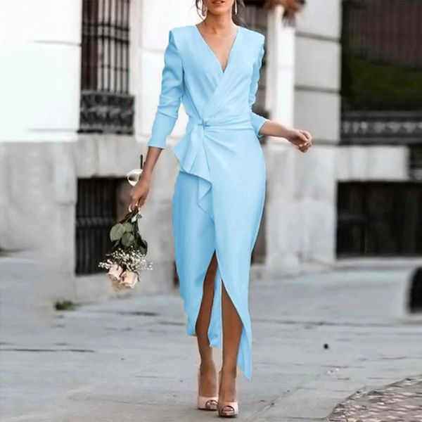 

casual dresses elegant ruffle dress women's v-neck mid-waist long-sleeved irregular hem vintage office lady party robe longue femme, Black;gray