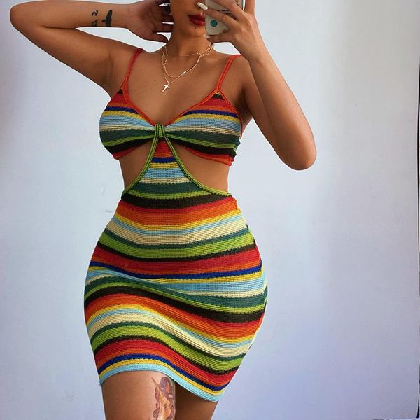 

casual dresses 2021 summer dress for women spaghetti strap backless cutout bodycon mini knit party clothes fashion club wear, Black;gray