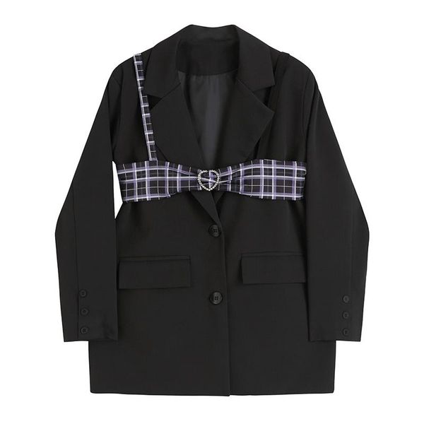 

women's suits & blazers 2021 fashion suit jacket solid color purple plaid chest strap long sleeve chic casual office lady two-piece, White;black