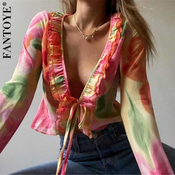 

women's t-shirt printed floral ruffle chiffon t shirts women v-neck long sleeve femme summer bandage casual streetwear l3jn, White
