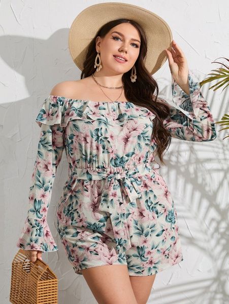

plus off shoulder floral belted romper f0vl#, Black