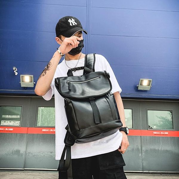 

backpack fashion men youth pu leather bagpack cool waterproof boy trendy school bag black sturdy