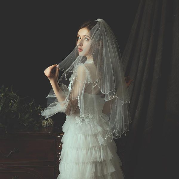

bridal veils 2 layers wedding veil tulle whtie ivory short eldow pearls crystal edge with comb elegant accessories veu de noiva, Black