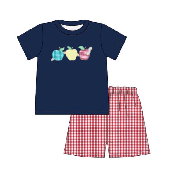 

summer clothes navy blue short sleeve and red plaid shorts back to school season insect eat apple embroidery boys clothes x0802, White
