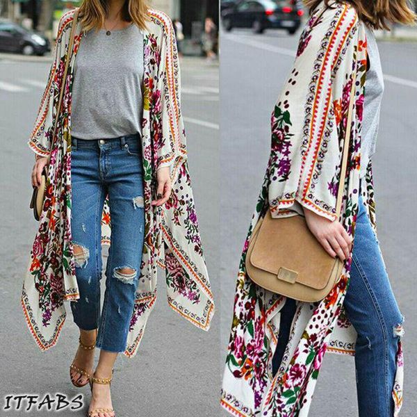 

women cover ups chiffon kimono cardigan floral leopard print asymmetric boho outerwear 2021 summer long plus size 3xl women's swimwear, White;black