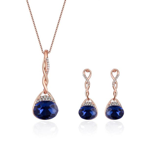 

earrings & necklace luxury elegant blue red crystal pendant bridal jewelry sets gold color alloy rhinestone drop earring for women, Silver