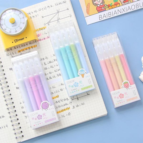 

5pcs sweet color highlighters pastel markers press type fluorescent for art drawing doodling school office stationery f501, Black;red
