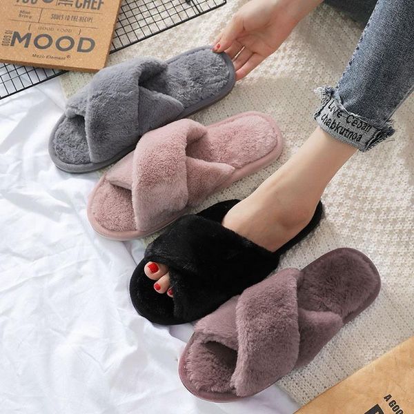 

slippers winter women house faux fur fashion warm shoes woman slip on flats female slides pink black cozy home furry