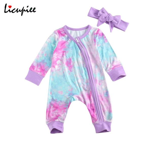 

jumpsuits born girls boys romper, children's tie-dyed diagonal zipper long sleeve and pants jumpsuit with bow headband 0-18 months, Blue