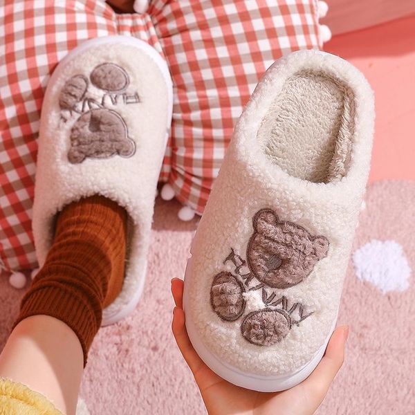 

slippers winter women home cartoon bear shoes non-slip soft warm house cotton indoor bedroom couples flip flops, Black