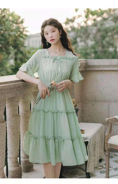 

women's swimwear summer 2021 gentle wind close waist french first love chiffon square neck dress, White;black