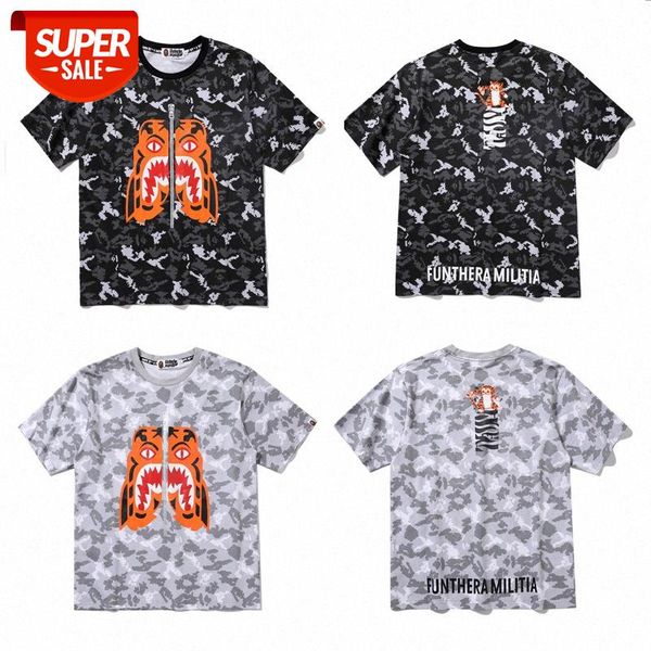 

summer japanese tide brand tiger head fake zipper letter printing men and women the same camouflage short-sleeved t-shirt #jg0n, White;black
