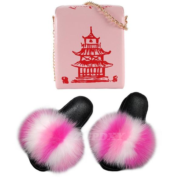 

fluffy fur slippers for women fashion square crossbody handbag sweet girl soft plush furry sandals slides purse set, Black