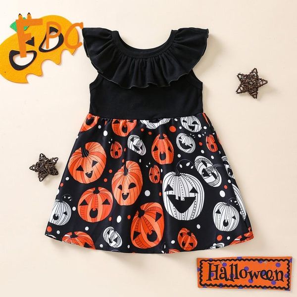 

girl's dresses halloween for 1-5t girls black ruffles pumpkin print festival kids a-line buttfly sleeve streetwear dress girl, Red;yellow