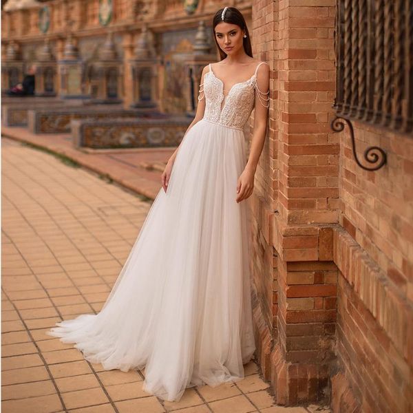 

other wedding dresses 2021 summer white spaghetti strap sleeveless lace-up v-neck floor-length custom made