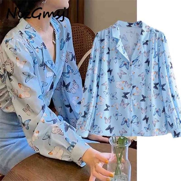 

blouse women summer style v-neck button blue printed shirt women casual chiffon long-sleeved shirts blouses 210628, White