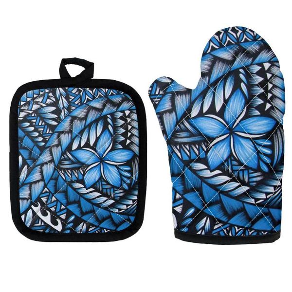 

oven mitts african floral polynesian plumeria flower blue 2pcs/set microwave gloves insulation pads potholders non-slip