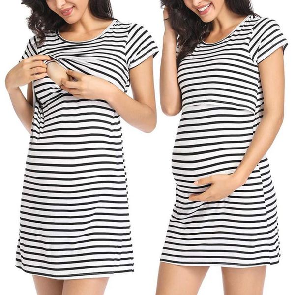 

summer o-neck short-sleeved dress 2021 fashion striped multifunctional maternity mother breastfeeding dresses, White