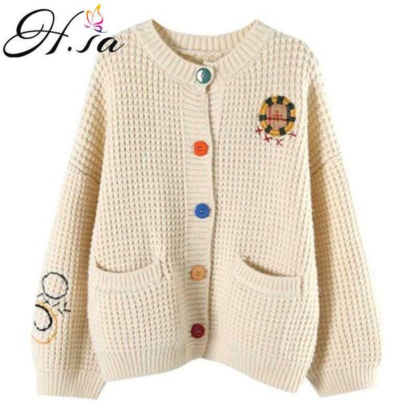 

h.sa women winter oversized cardigans colorful button floral embroidery knit cardigans patchwork appliques purple jacket 210716, White;black