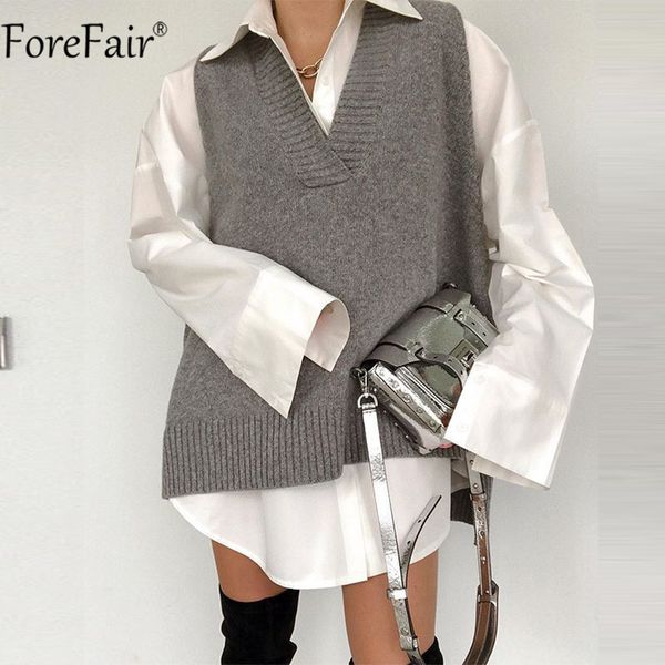 

v neck gray sleeveless loose oversized jumper women sweaters vest autumn winter casual solid outwear knit vests 2021, Black;white