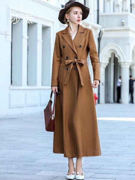 

women's trench coats autumn 2021 slim waist temperament khaki long drape windbreaker coat over the knee, Tan;black