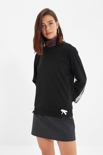 

women's hoodies & sweatshirts trendyol bow detailed basic knitted slim sweatshirt twoaw22sw0622, Black