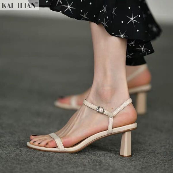 

genuine leather sandals women high heels 2021 summer fashion lady pumps buckle strap luxy band shoe, Black