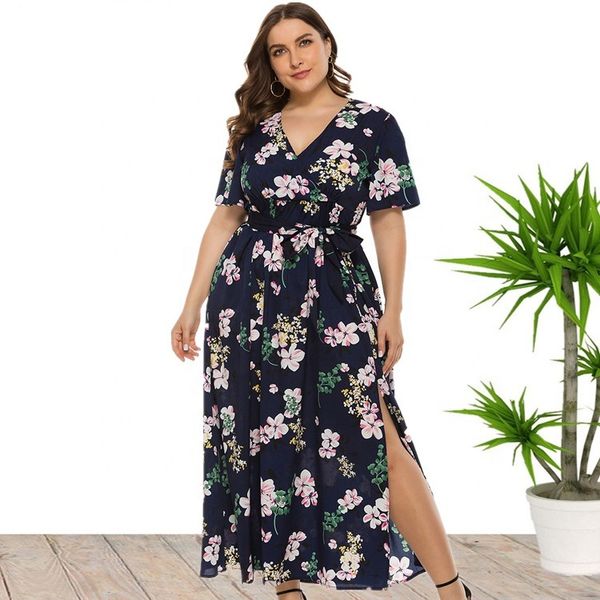 

floral dress plus size dresses for women 2021 summer slit bohemian bandage long skirt maxi v-neck short-sleeve printed party, Black