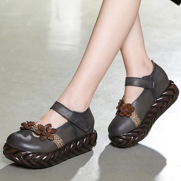 

dress shoes women pumps autumn leather high heels wedge flower genuine mary jane ankle strap handmade, Black