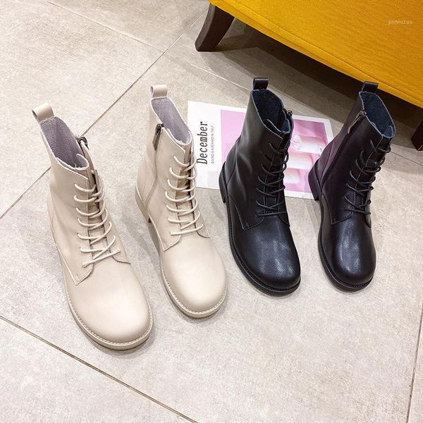 

boots round head front lace up thick heel natural women's short in autumn winter 2021 black1, Black