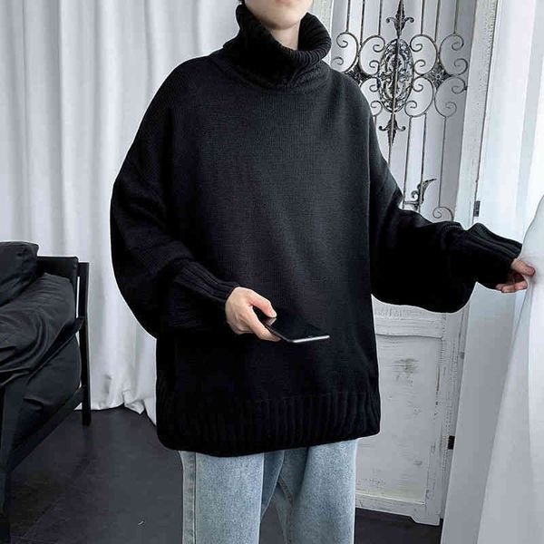 

men's sweaters winter style fashion high collar men loose casual trend solid color base pullover sweater korean version student male 23, White;black