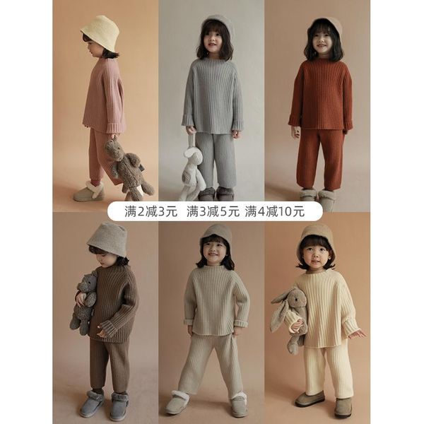 

clothing sets girls winter suits baby warm pullover sweaters and pants two piece children thickened clothes, White