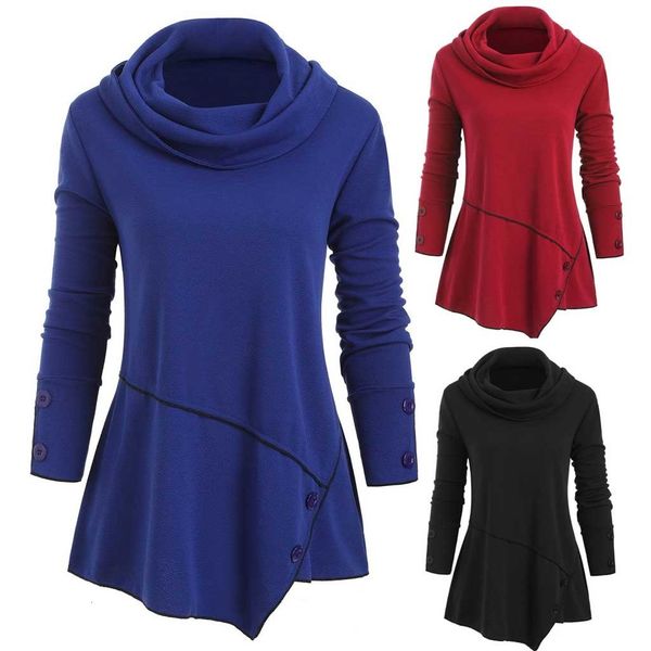 

women cowl neck buttons asymmetric plus size s-2xl autumn red solid irregular hem sweatshirts kampsun kapuuts, Black