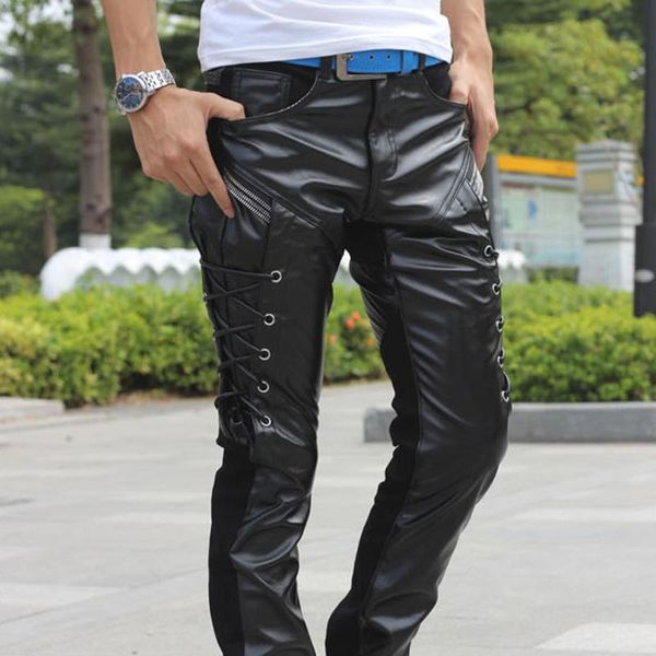

men's pants 2021 black slim faux leather skinny jeans for men trousers punk hip hop motorcycle mens fashion
