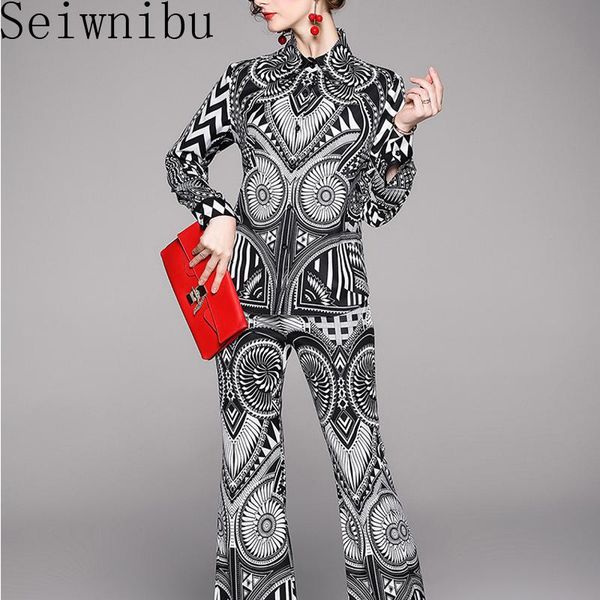 

two piece dress est fashion runway set women's vintage long sleeve shirt+pattern printed trumpet pants suit sets, White