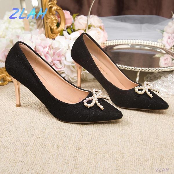 

dress shoes women's high heels pointed toe stiletto zlah bow decoration all-match pumps, Black